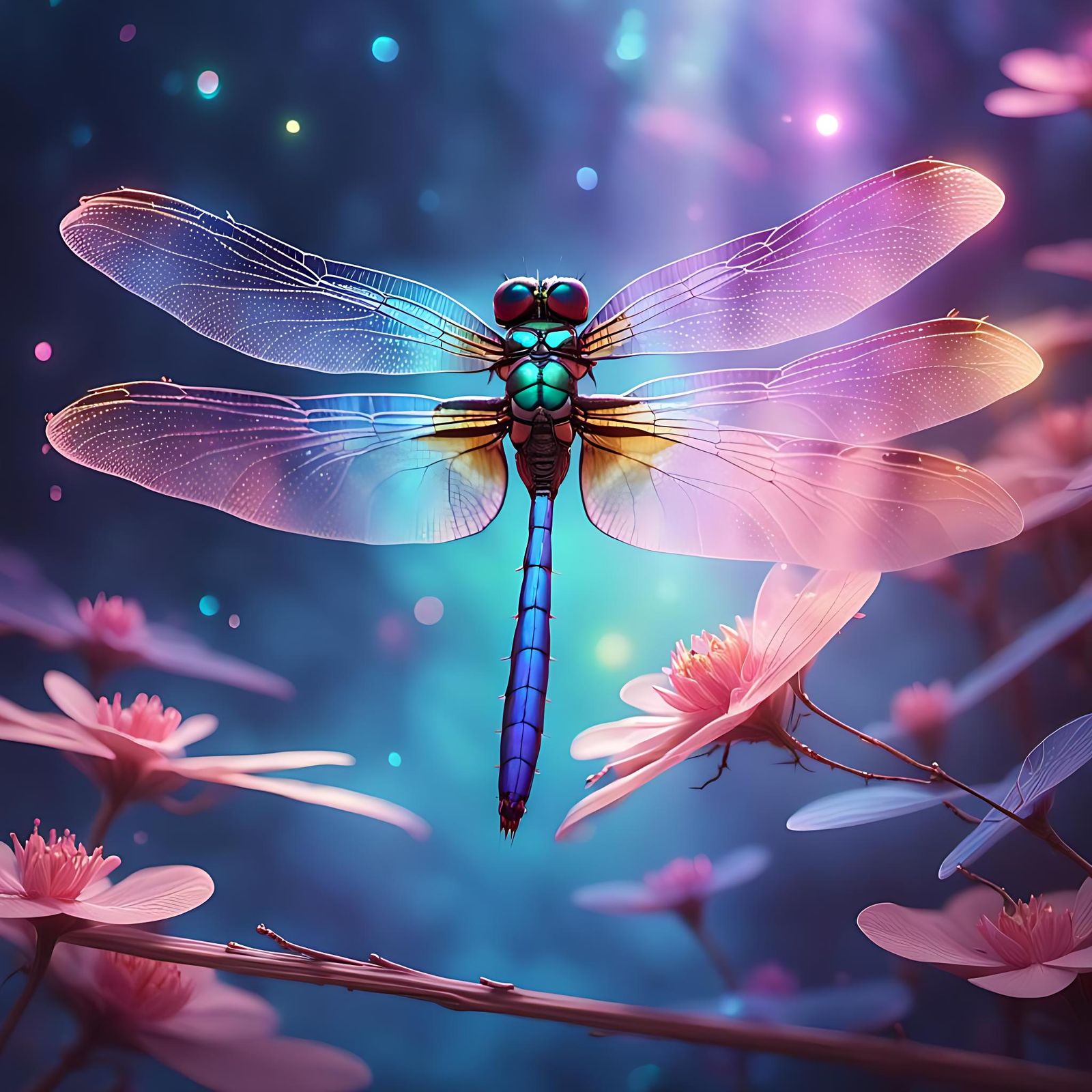 Holographic Dragonfly with Pink and Purple Colors