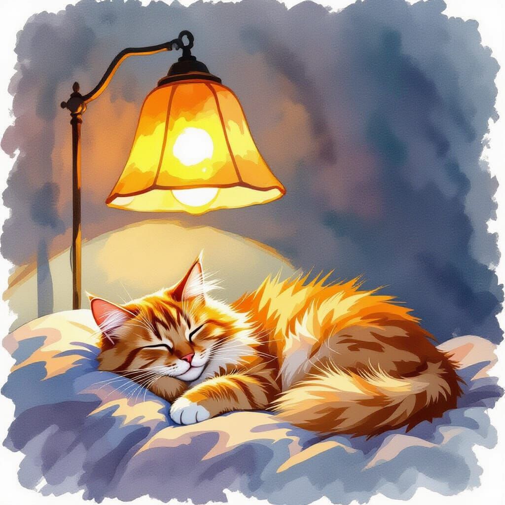 Cozy Ginger Cat by Warm Lamp in Watercolor