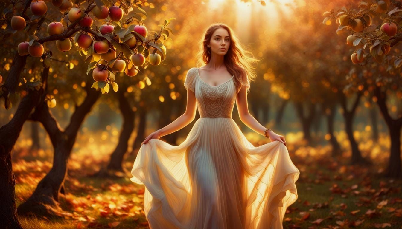 Autumn Woman in Fantasy Orchard with God Rays