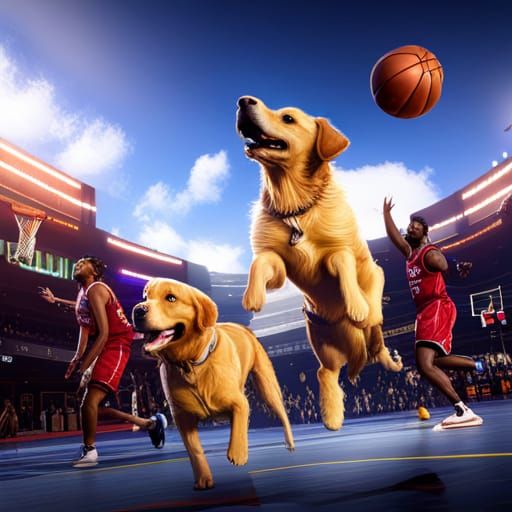 Golden Retriever Plays NBA Basketball: Detailed Matte Painti...