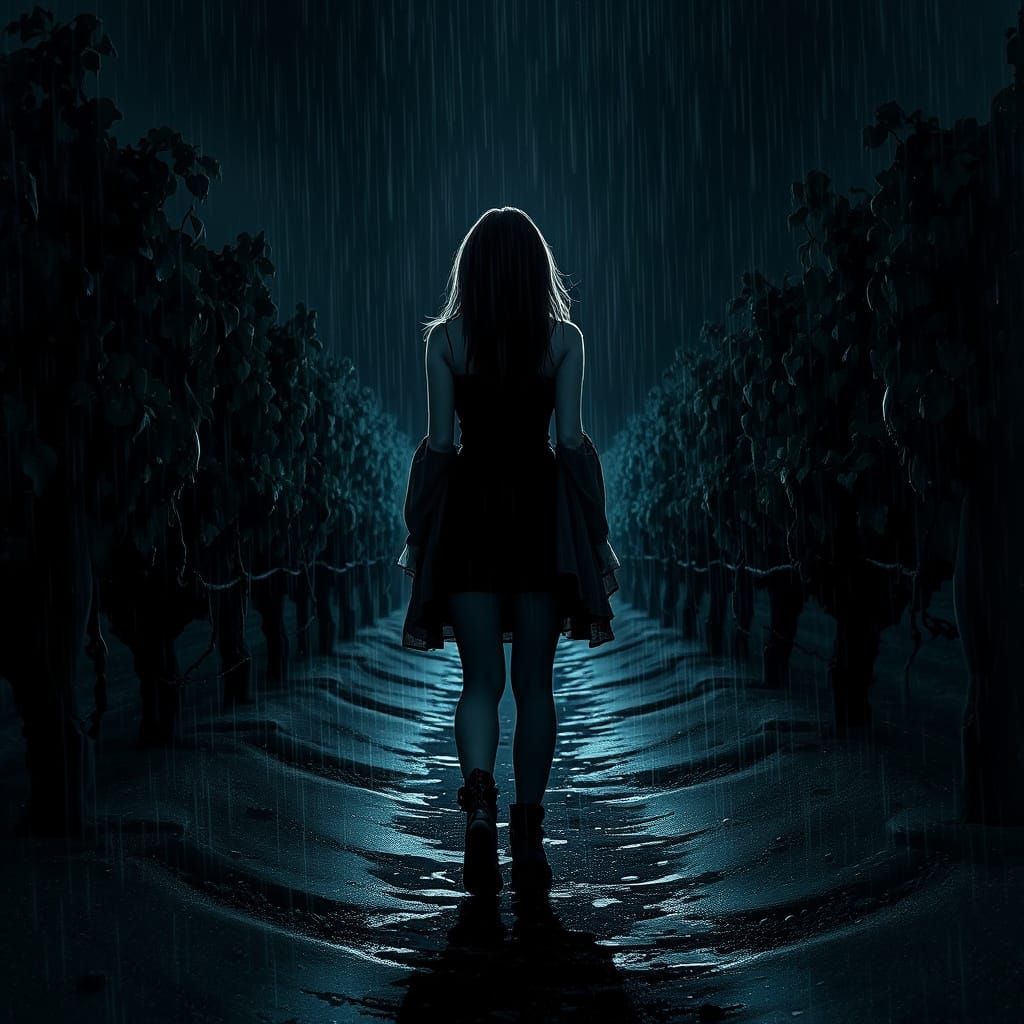 Goth Girl Strides Through a Rainy Vineyard in Moody Backligh...