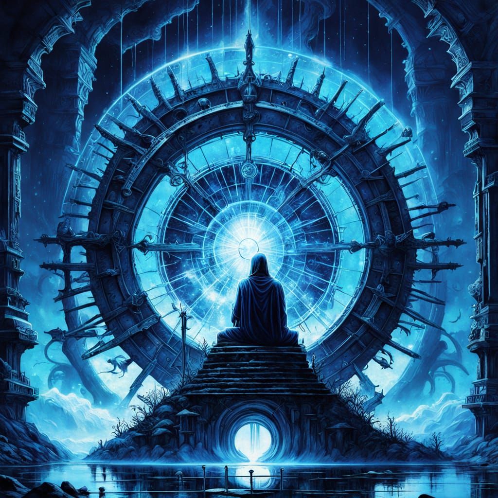 Mystical Waterwheel Divination in Neon Dreamscapes