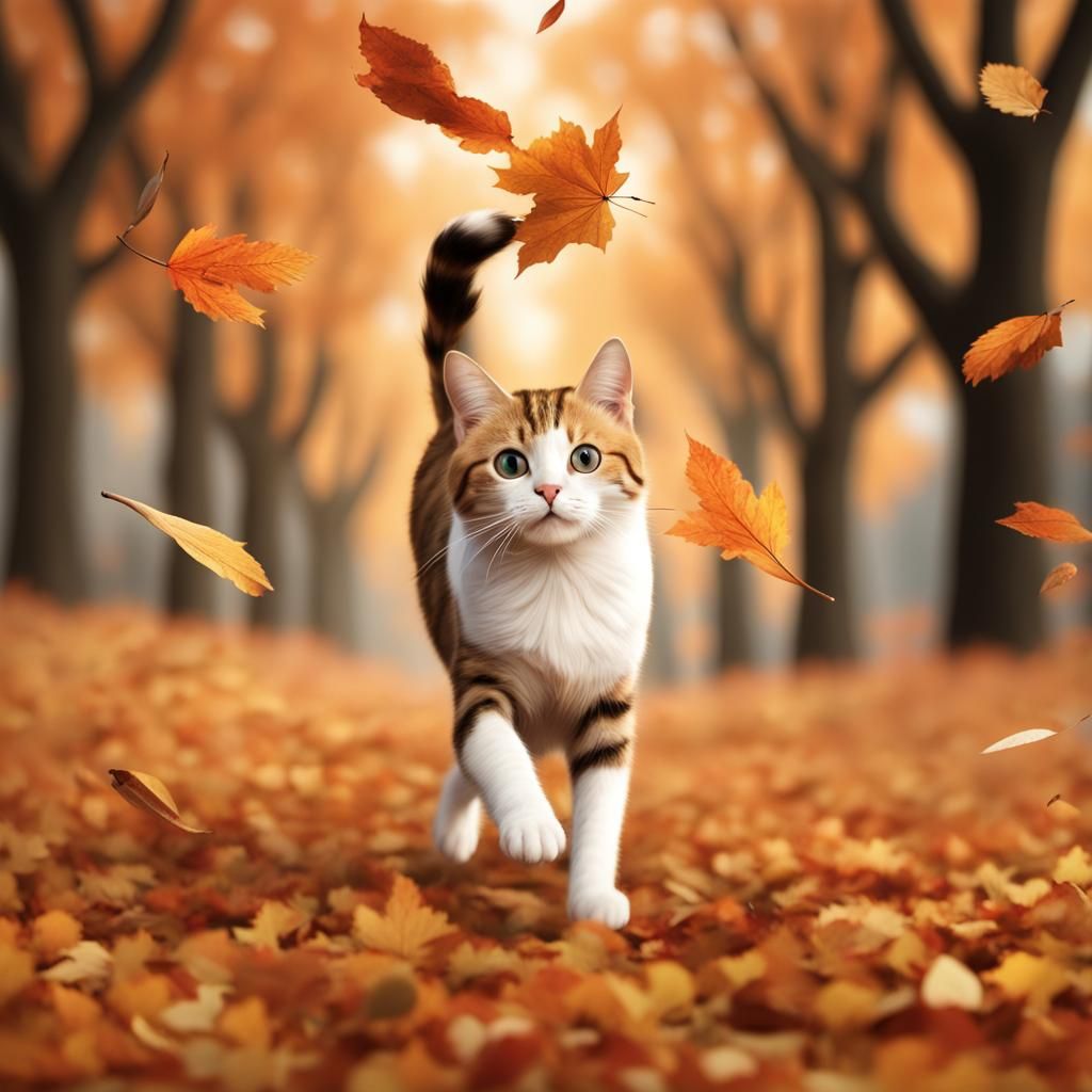 Striped Cat Playing in Autumn Leaves