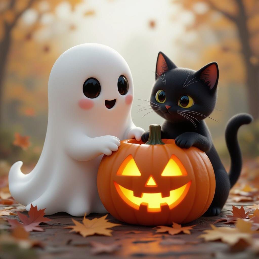 Cute Ghost and Black Cat Carving Pumpkin