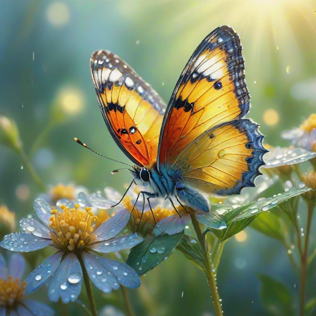 Impressionist Butterfly on a Dewy Flower