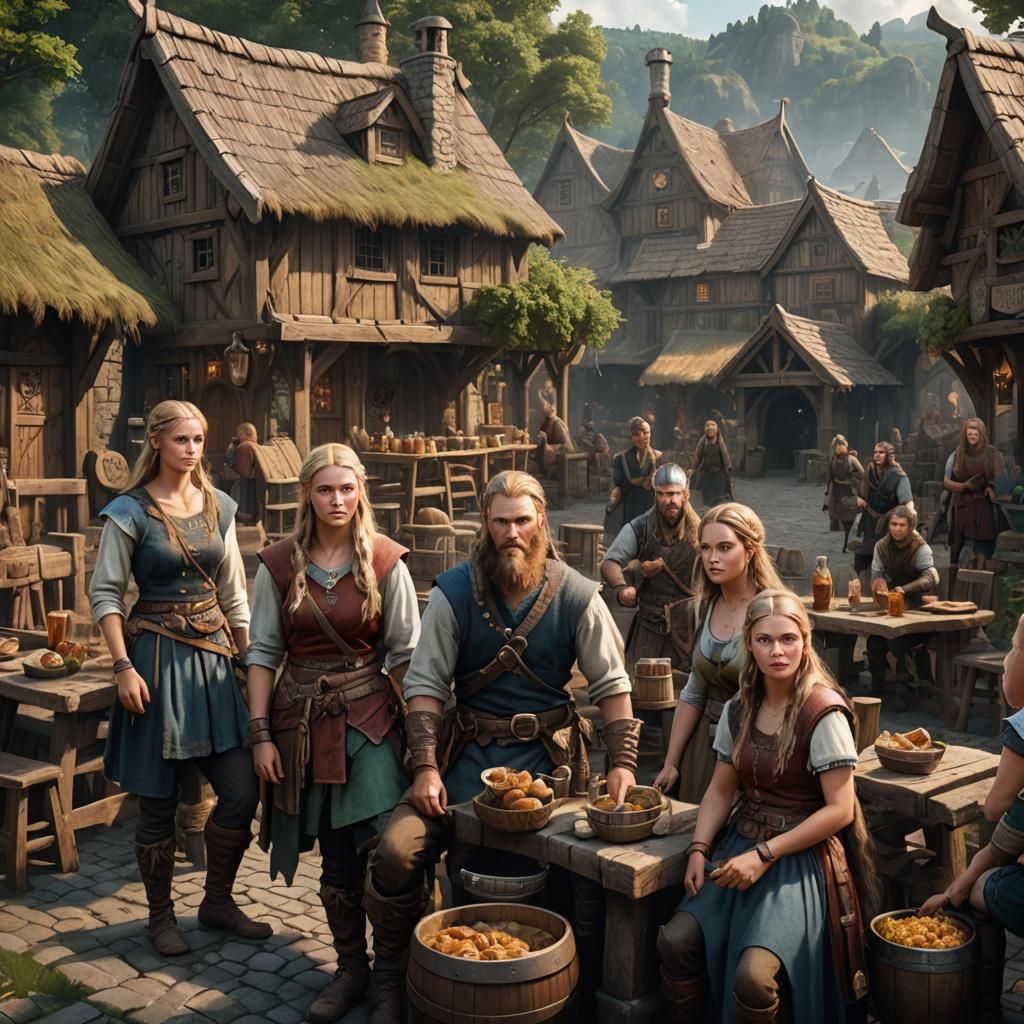Medieval Viking Village Tavern Scene in Fantasy Art Style