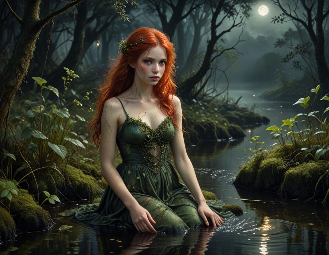 Moonlit Swamp Fairy in Vibrant Oil and Watercolor