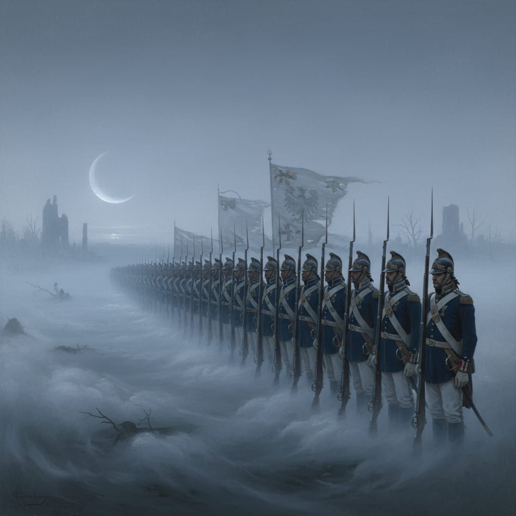 18th Century Soldiers in Dreamlike Fog Oil Painting