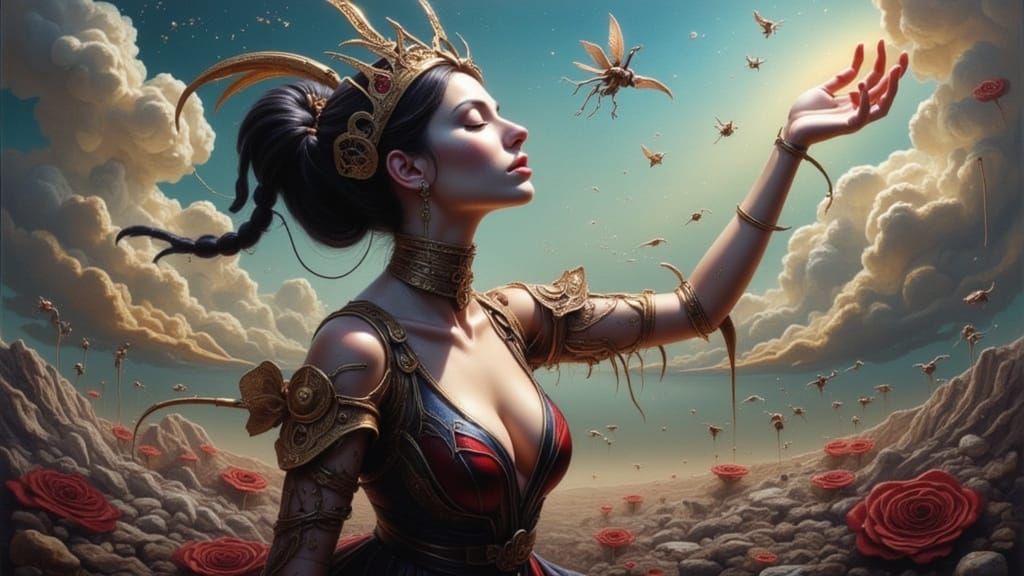 Ethereal Figure Reaching for Sky in Dynamic Lighting