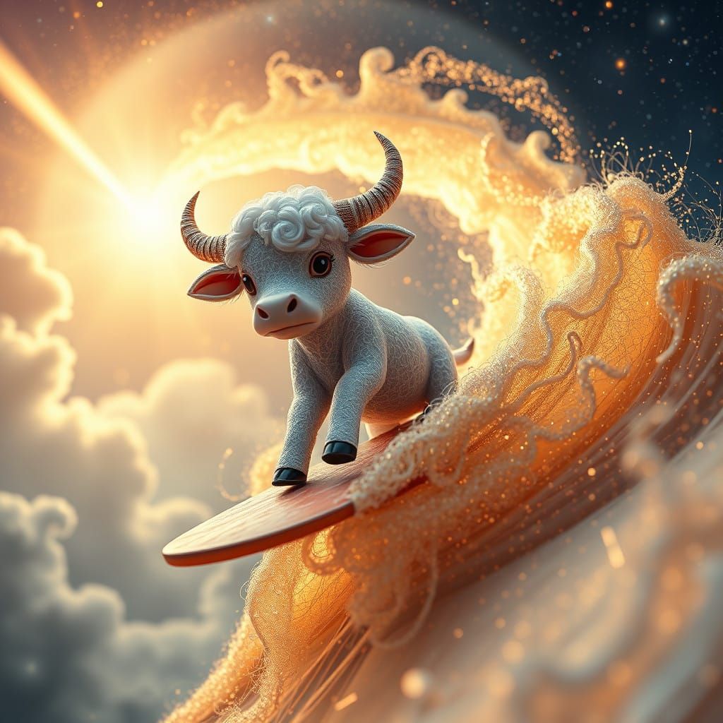 Cosmic Kawaii Surfer Cow in Whimsical Hyper-Realistic Style