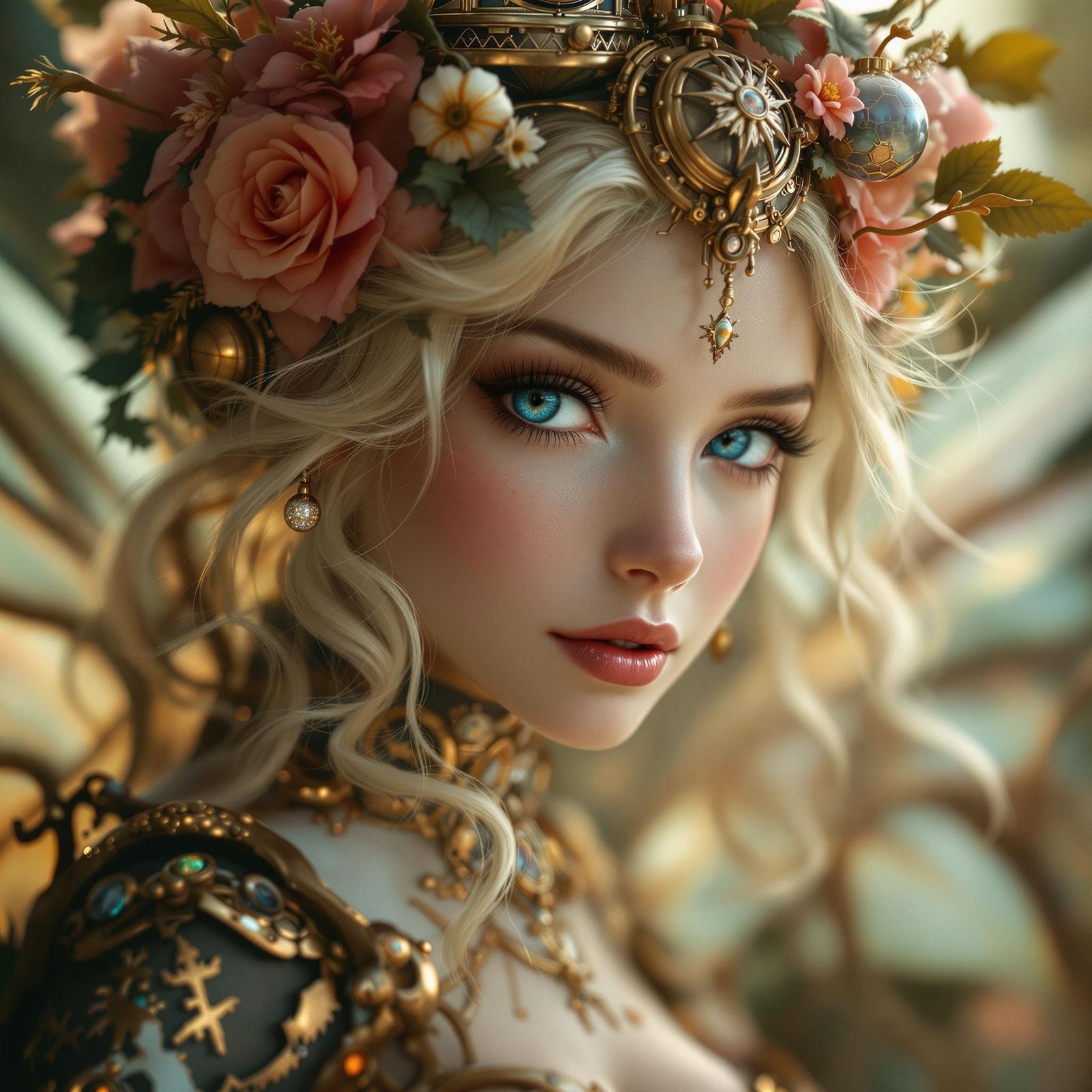 Steampunk Fairy Portrait with Christmas Blooms