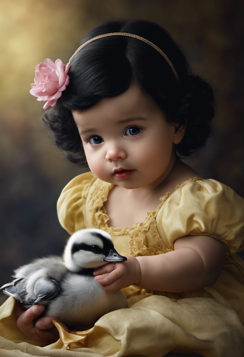Adorable digital portrait of baby Snow White holding a stuffed baby duckling, cute, sweet, innocent, beautiful, stunning...
