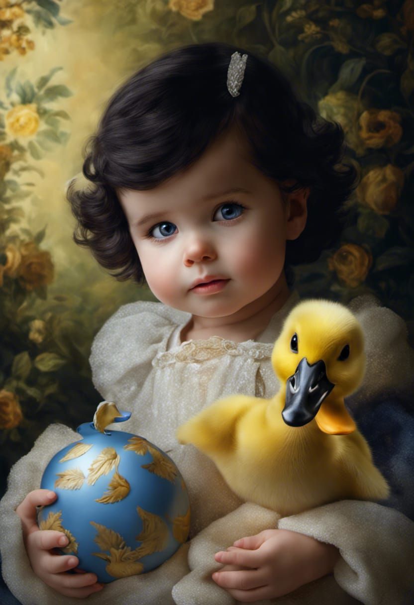 Adorable digital portrait of baby Snow White holding a stuffed baby duckling, cute, sweet, innocent, beautiful, stunning...