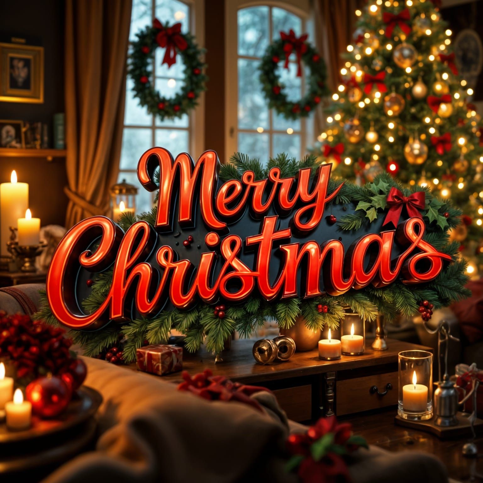Festive Christmas Living Room with "Merry Christmas!" Text