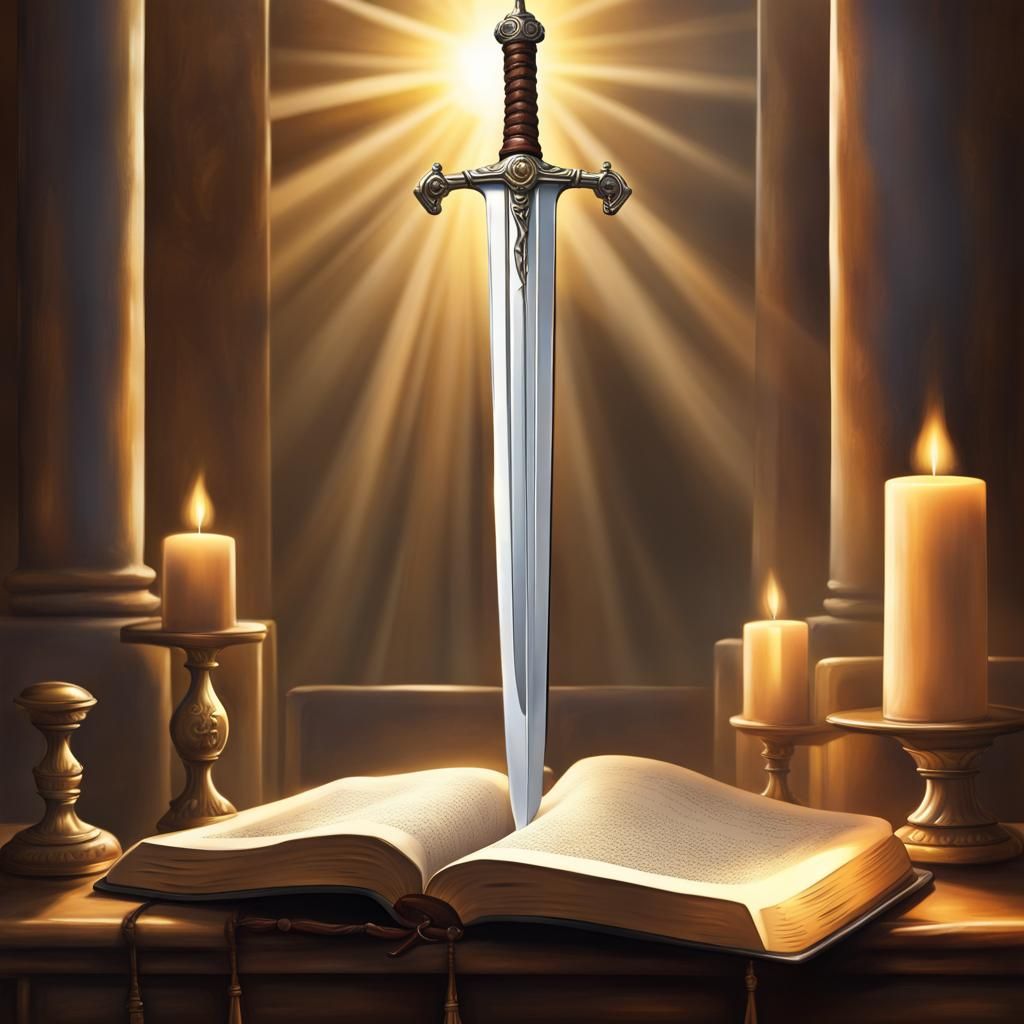 Sword and Bible in Hyperrealistic Oil Painting