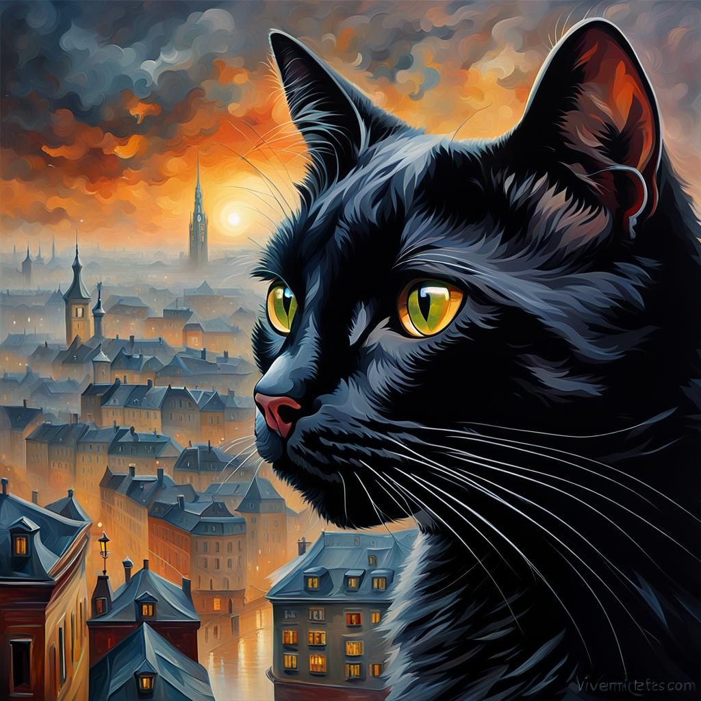 Black Cat City View: Detailed Digital Oil Painting