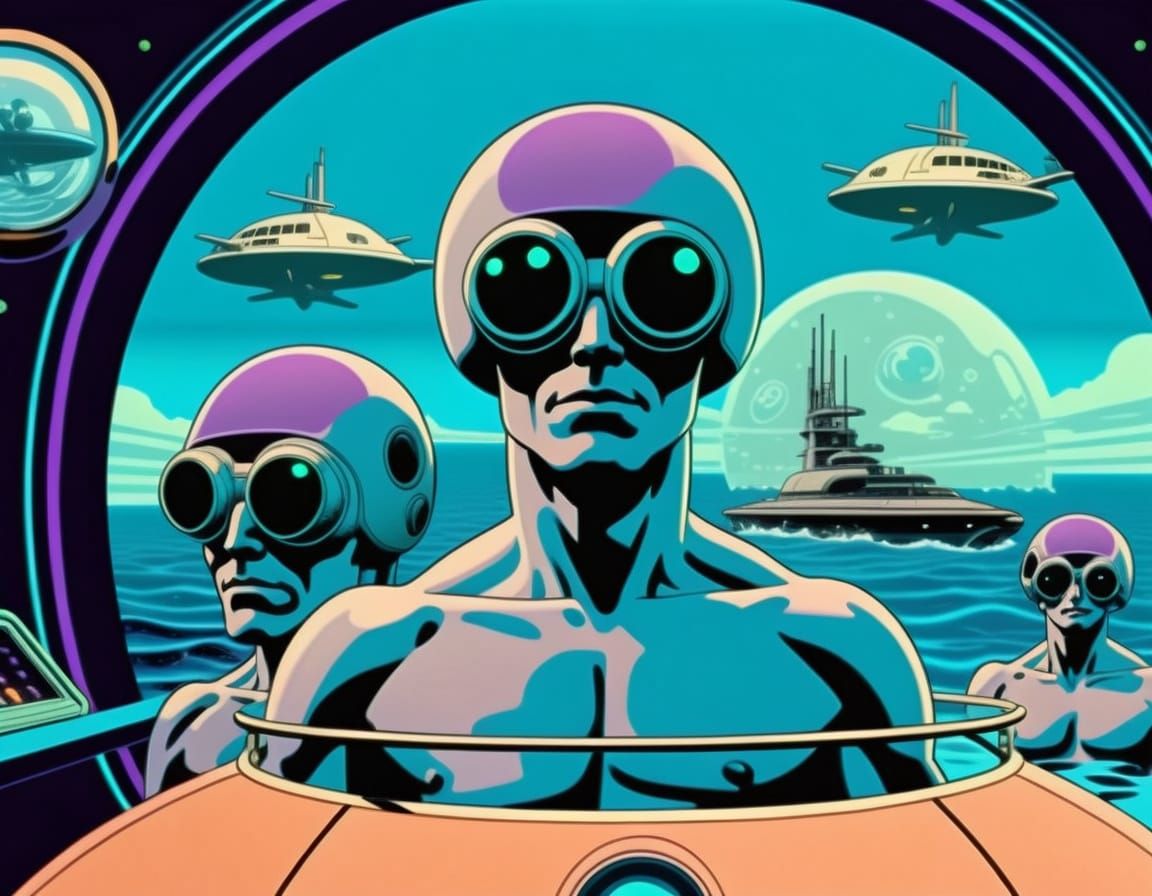 Sealab Crew in Retrofuturistic Underwater Cartoon