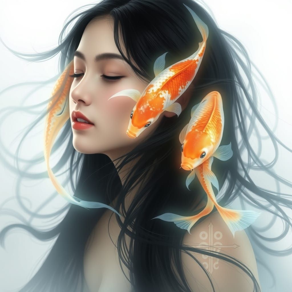 Young Woman Surrounded by Luminous Koi Fish in Dreamlike Dan...
