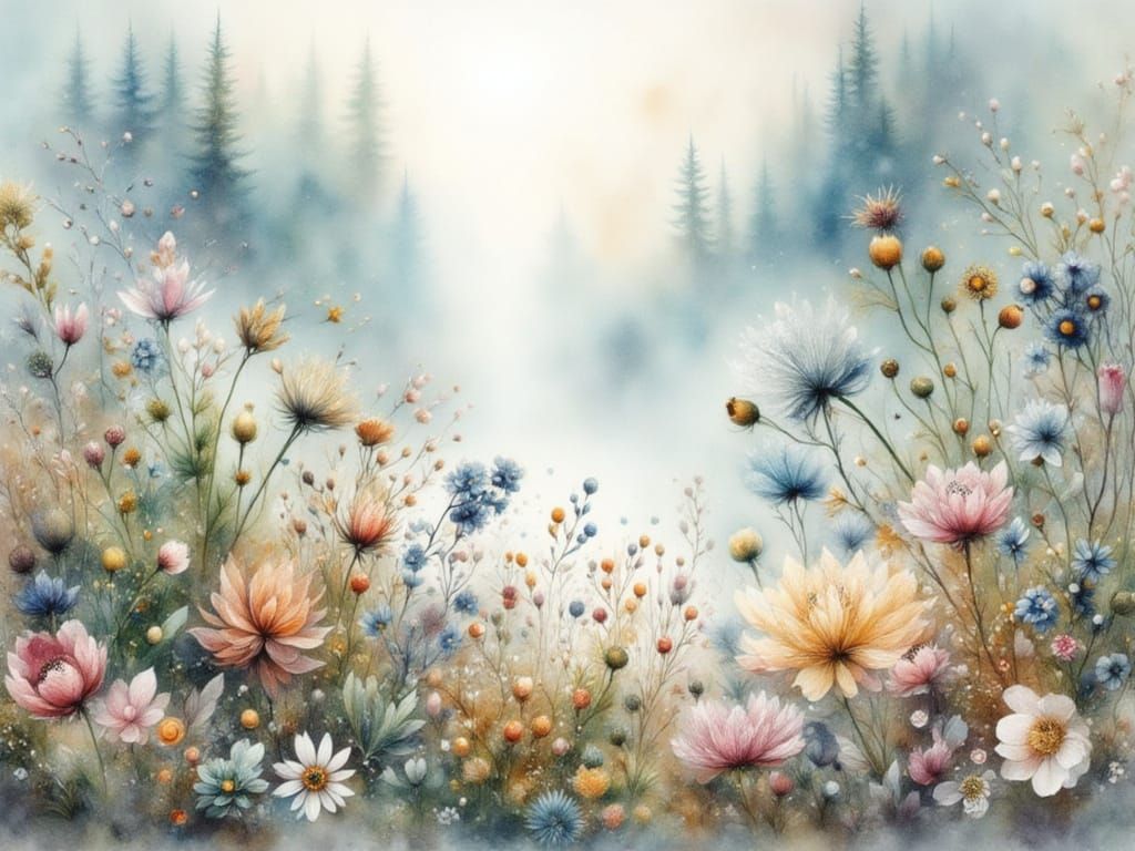 Misty Wildflower Meadow Watercolor Painting