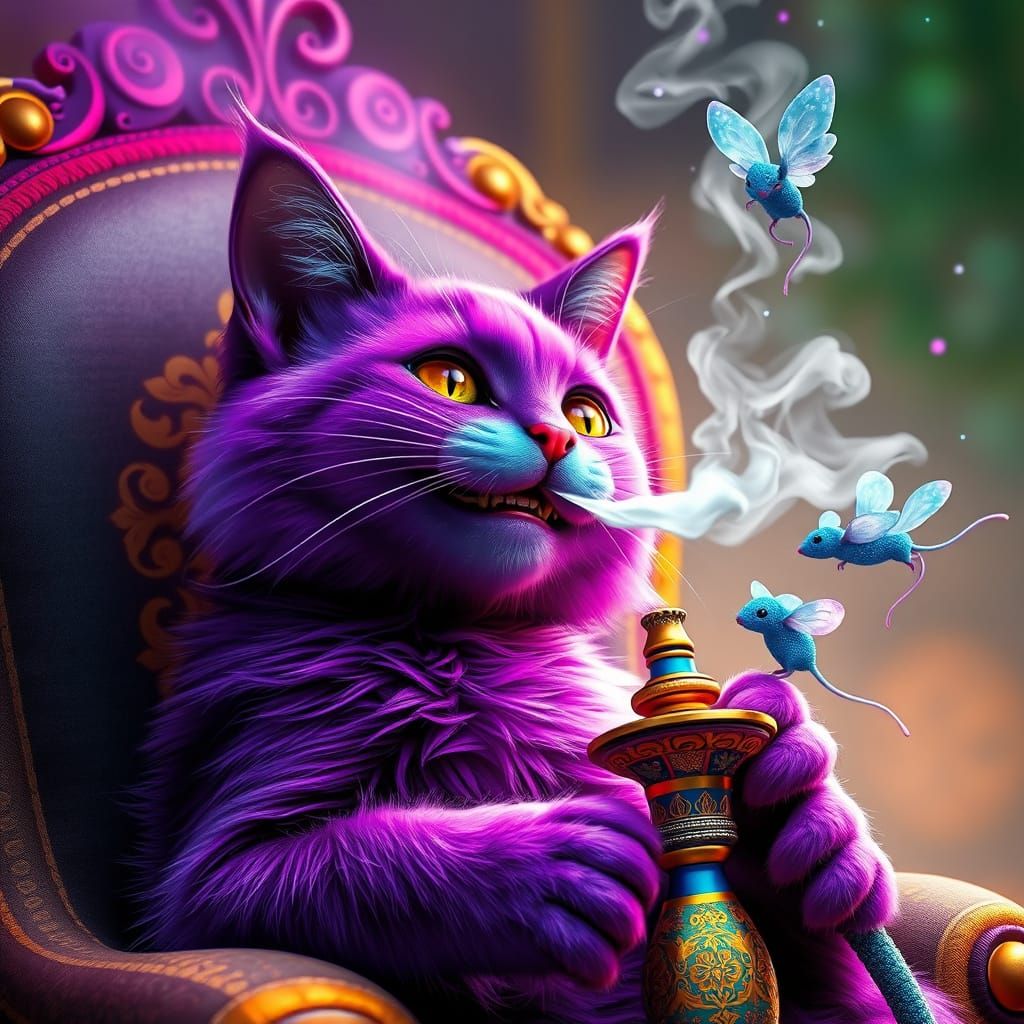 Psychedelic Purple Cat Enjoys Hookah in Whimsical Dreamscape