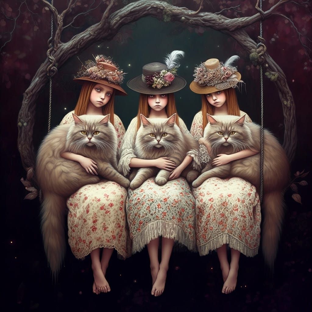 Little girls and cats on a swing
