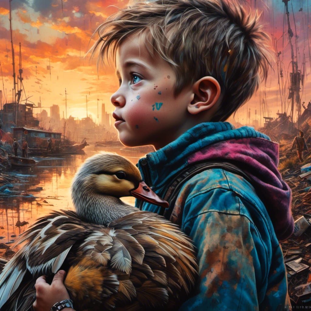 Trashpunk Boy with Duck at Sunrise
