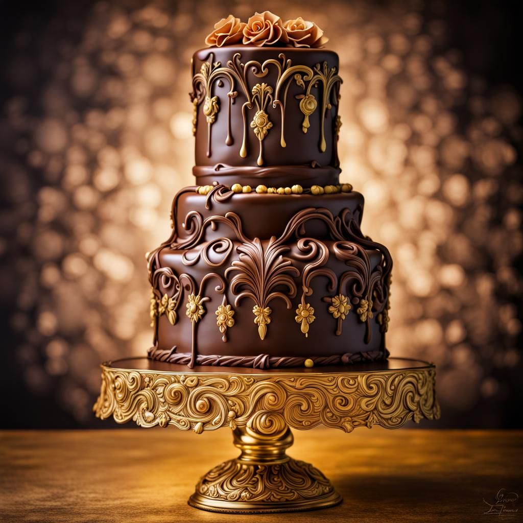 Baroque Chocolate Cake with Golden Icing: Hyperrealistic Pho...