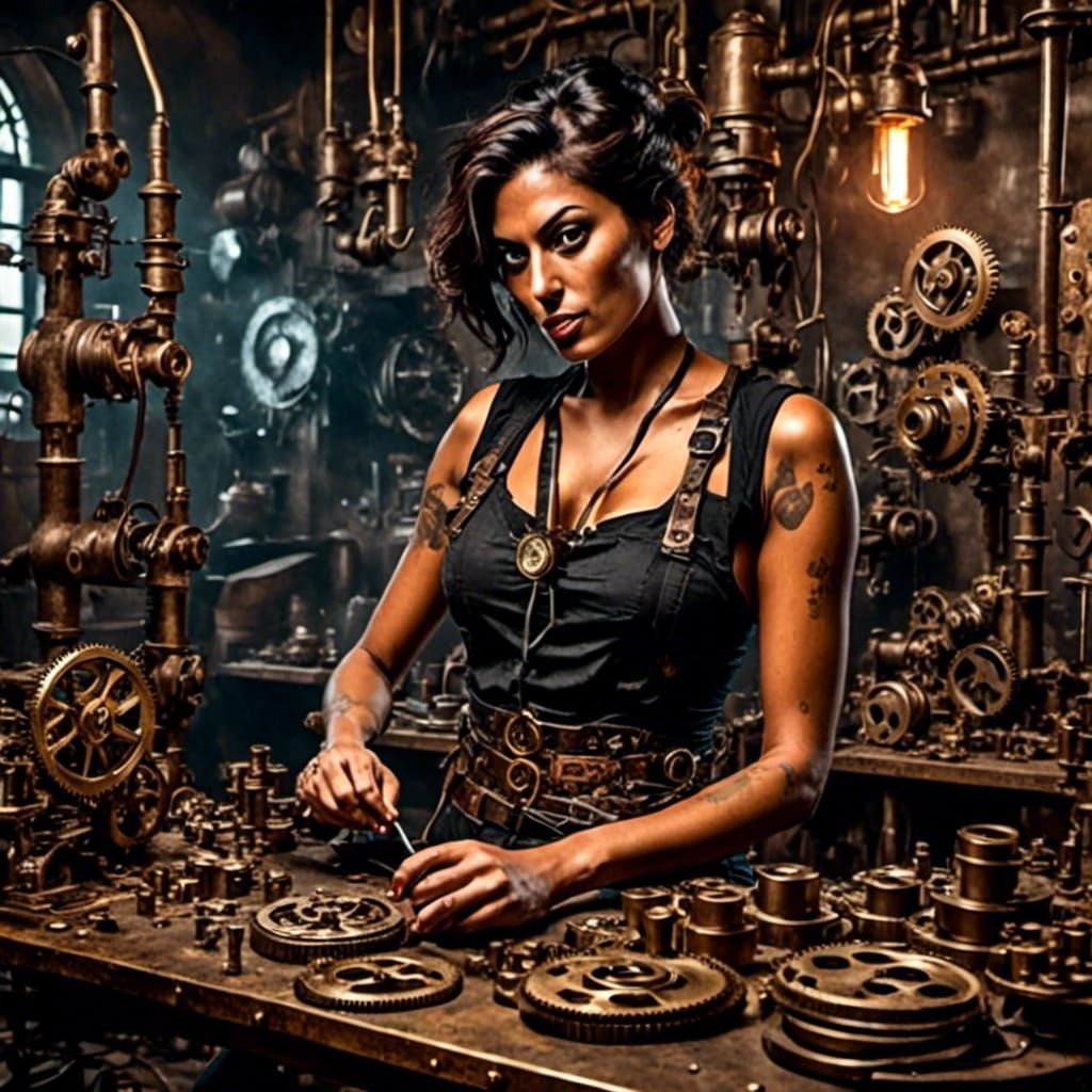 Steampunk Engineer Repairing Clockwork Mechanism