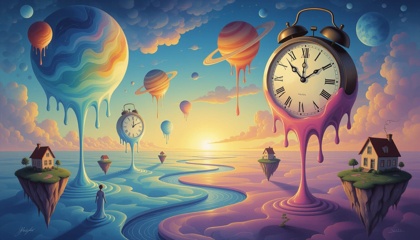 Surrealist Dreamscape with Melting Clocks and Planets