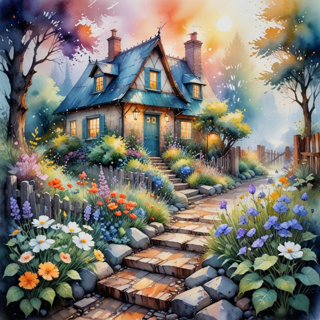 Misty Cottage Garden in Watercolor and Alcohol Inks