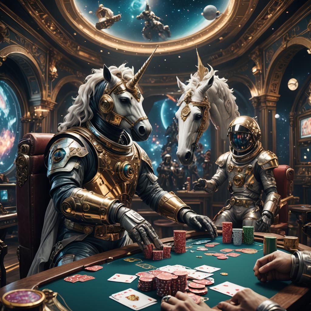 Baroque Unicorn Plays Poker with Astronaut