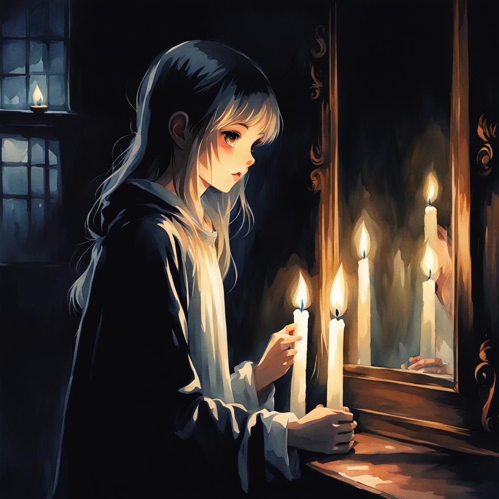 Ghost Girl in Dark Room Reflected as Anime Watercolor