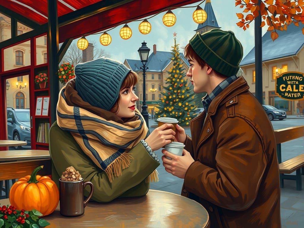 Cozy Autumn Evening at Cafe in Neo-Impressionist Style