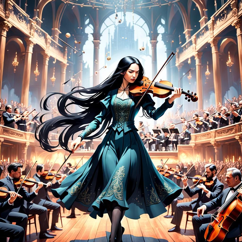 Violinist Center Stage: Detailed Orchestral Fantasy Art