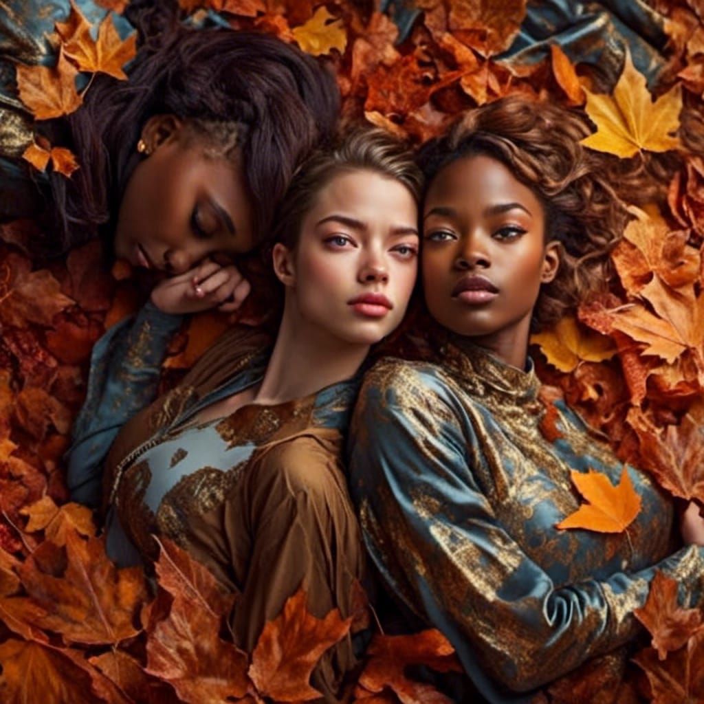 Friends Play in Autumn Leaves: Photorealistic Illustration