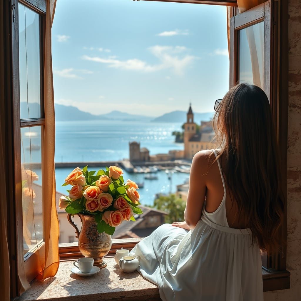 Woman Gazes at Mediterranean Harbor from Rustic Windowsill
