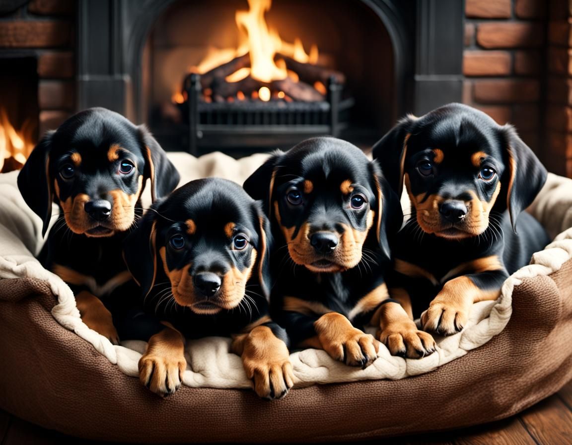 Hound Puppies Cuddle Near Fireplace: Digital Matte Painting