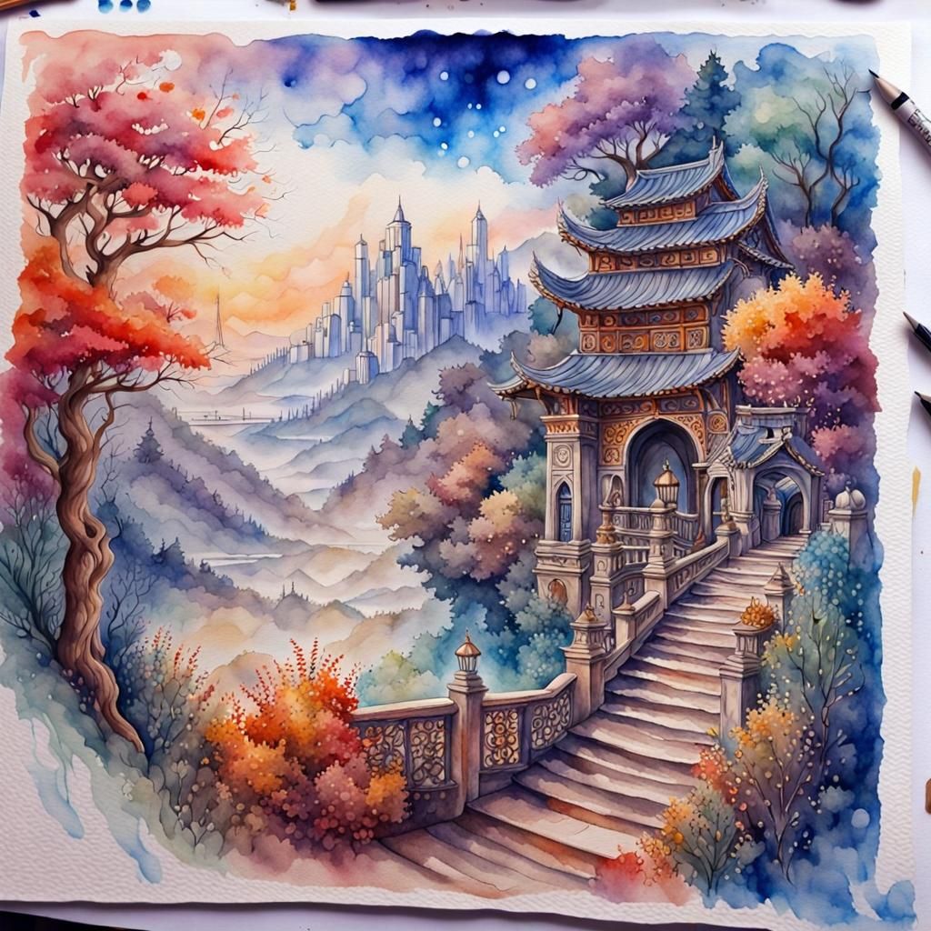 Vibrant Watercolor Art with Intricate Details