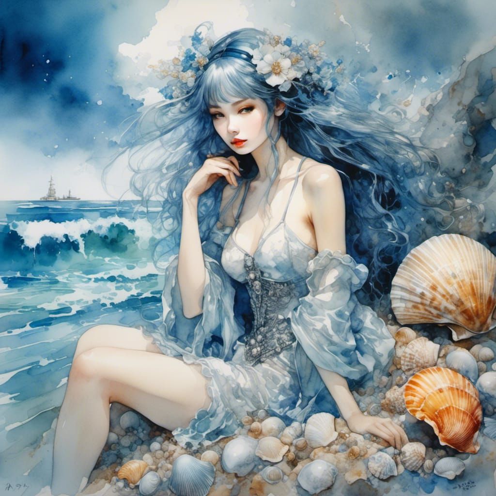 Gothic Watercolor: Japanese Woman in Seashell