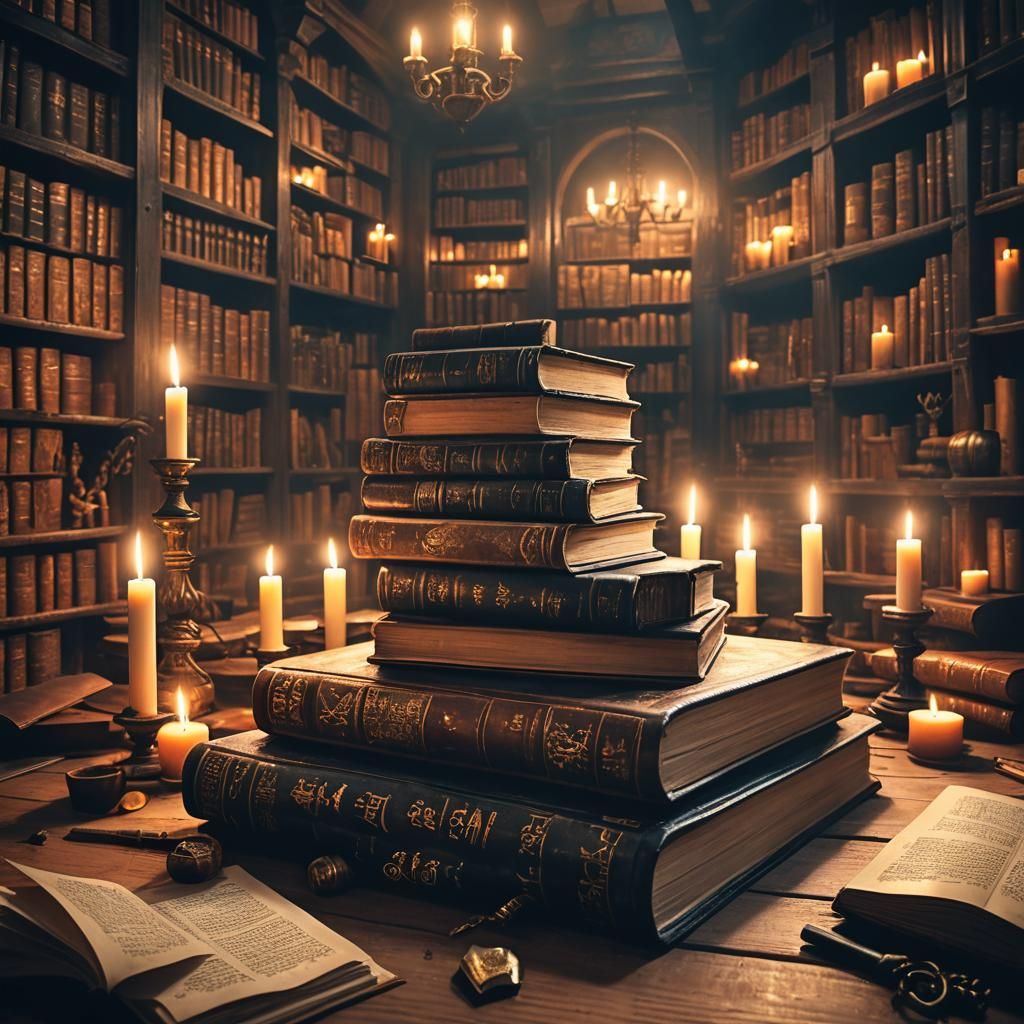Mystical Library: Leather-Bound Books in Golden Light