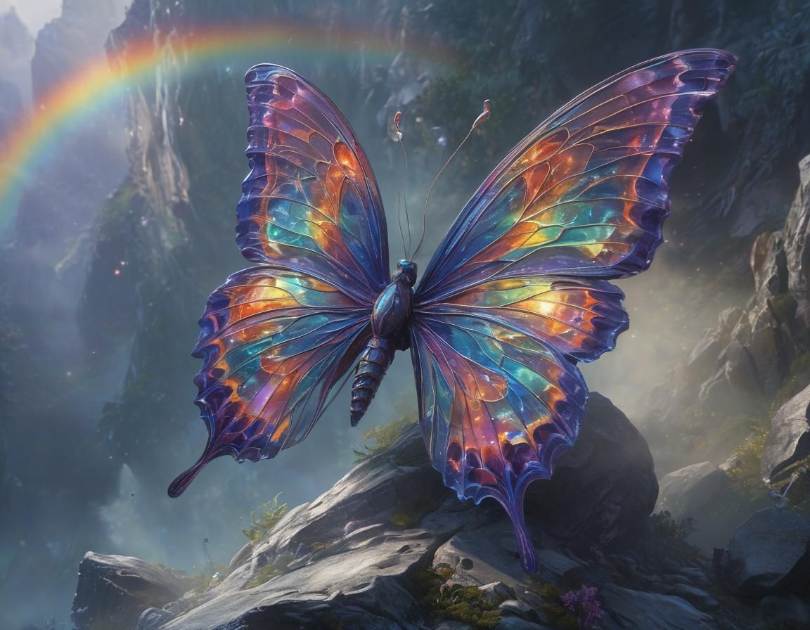 Giant Iridescent Butterfly Creature in Dreamlike Setting