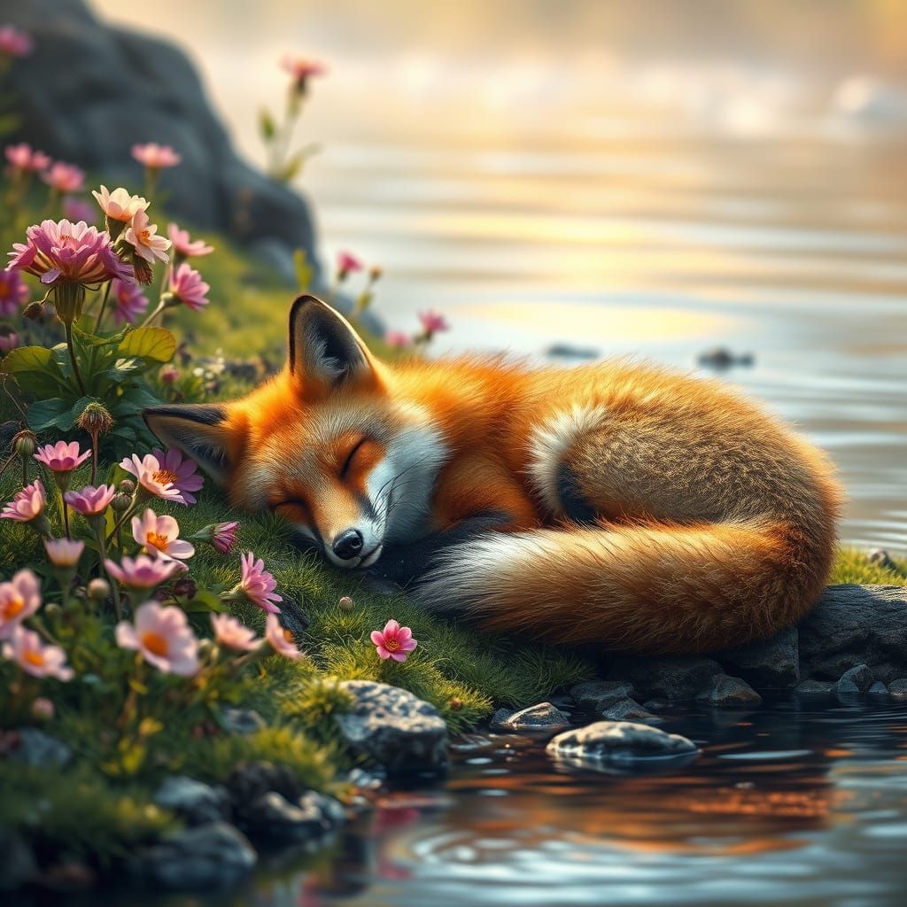 Fox in Serene Slumber by Riverbank of Flowers