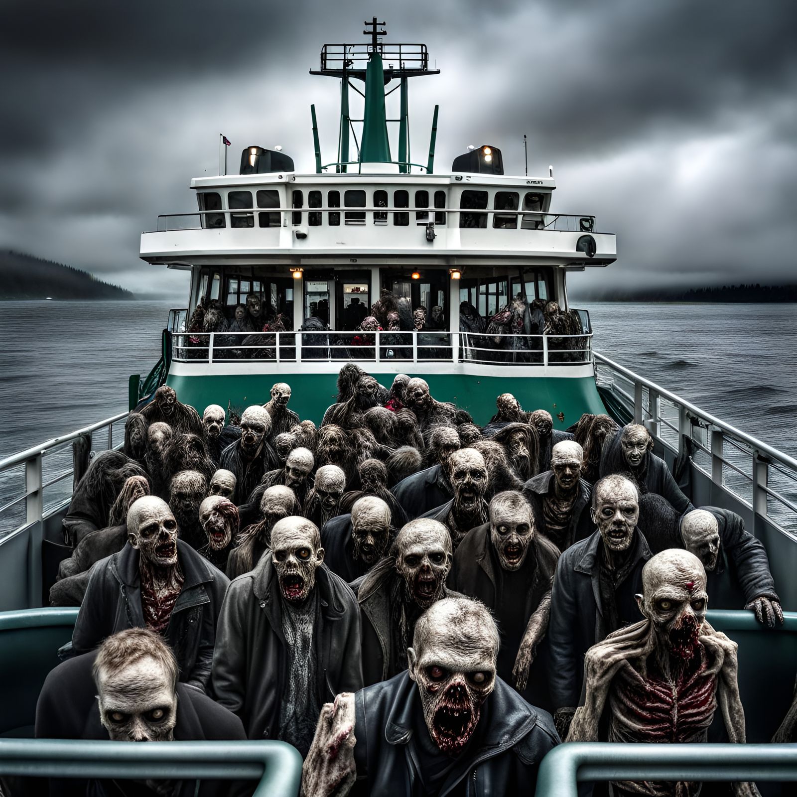 Hyperrealistic Ferry Filled with Zombies in Rainy Weather