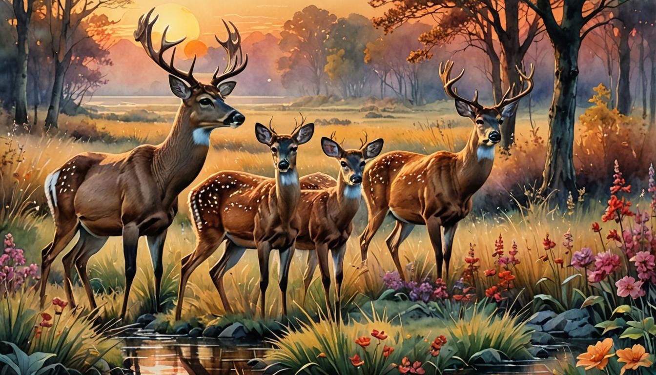 Hyperrealistic Deer at Sunset in Romantic Watercolor