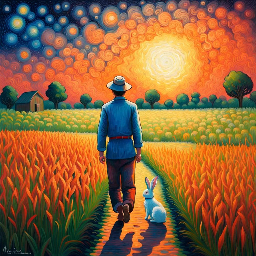 Man and Rabbit in Rice Field: Neo-Impressionist Oil Painting