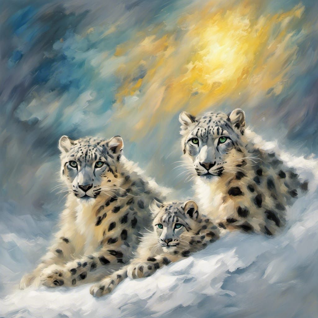 Snow Leopard Family in Van Gogh Style