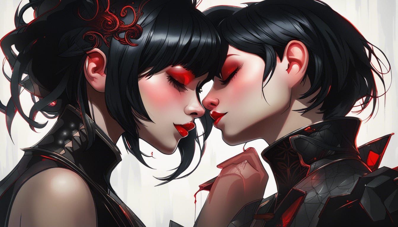 Goth Girls Kissing: Hyperdetailed Digital Art Portrait