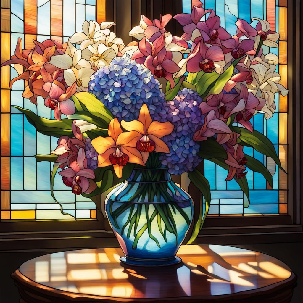 Stained Glass Vase with Flowers in Sunlight