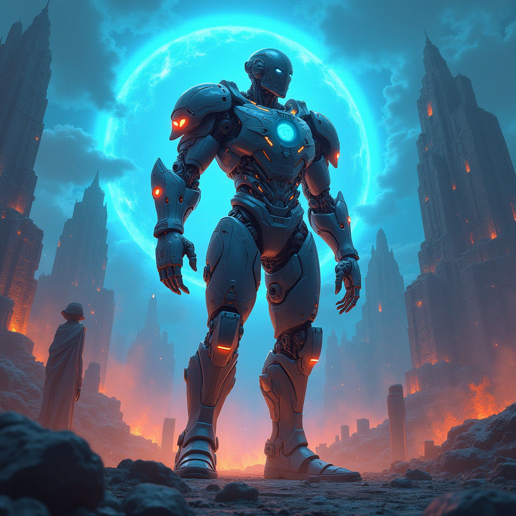 Heroic Armored Cyborg in Dystopian Cityscape