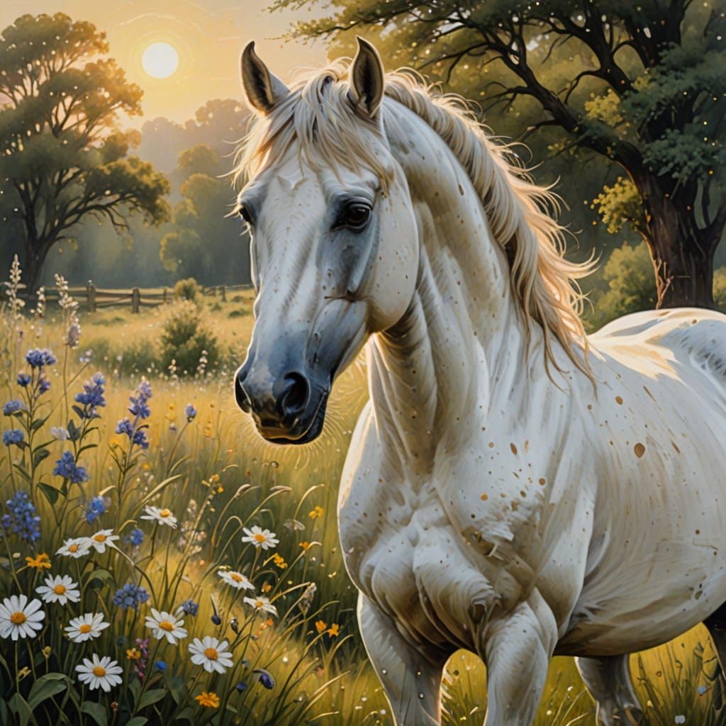 Majestic White Horse in Sunlit Meadow Oil Painting